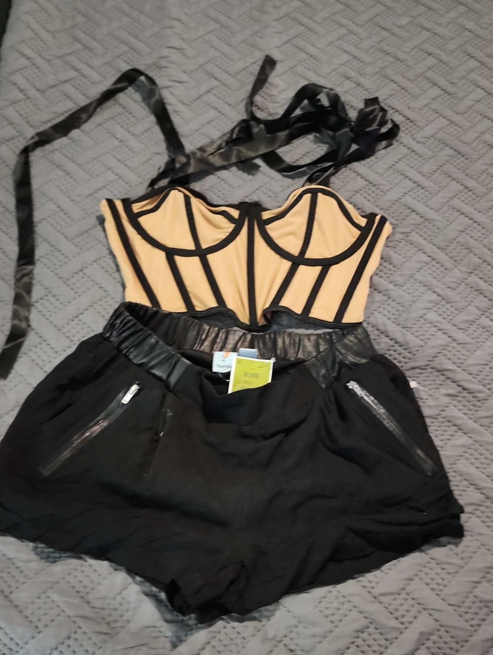 2 Pc Brown  and Black Structured Bustier Top with Ribbon Straps